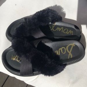 Crisscross fur n satin slides